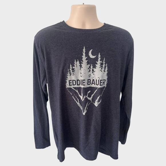 Eddie Bauer Mens Large Gray Long Sleeve TShirt Dark Gray Moon Trees Mountain - Picture 1 of 7